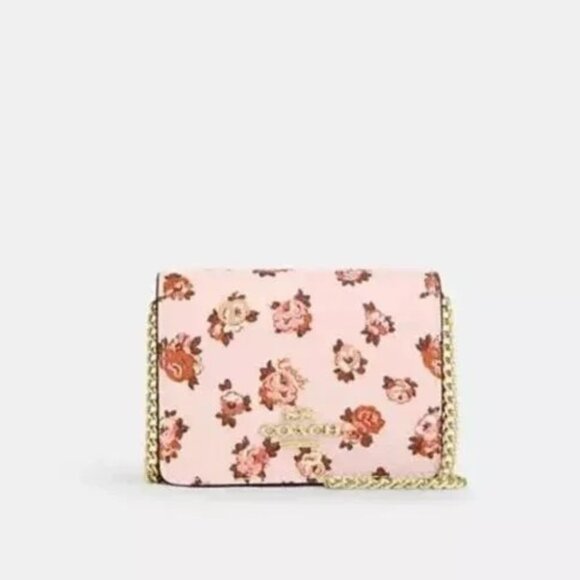 COACH Mini Wallet on Chain with Rosette Print - Mini Coach Bag - Rose Pink - Picture 1 of 6